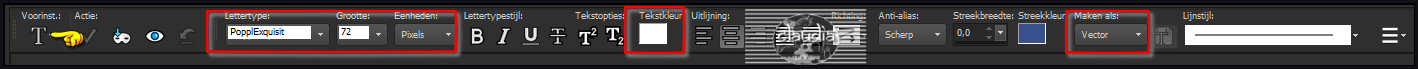 Activeer het "Tekstgereedschap" en zoek het font "popperg" (= PopplExquisit) met deze instellingen