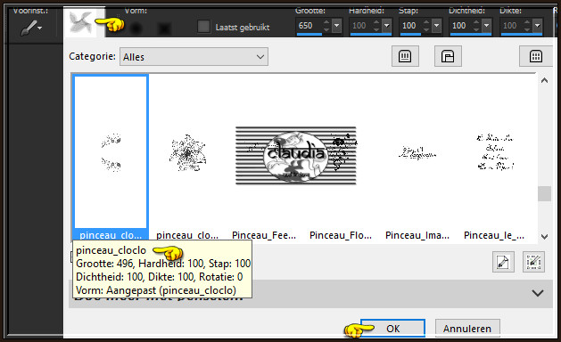 Activeer het Penseelgereedschap en zoek de zonet opgeslagen Brushe "pinceau_cloclo" met deze instellingen :