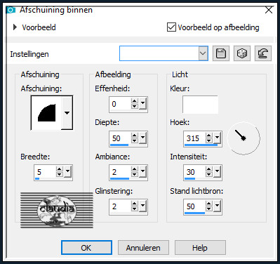 Effecten - 3D-Effecten - Afschuining binnen : Afschuining = nummer 2.