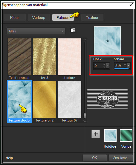 Zoek het Patroon "texture cloclo" met deze instellingen