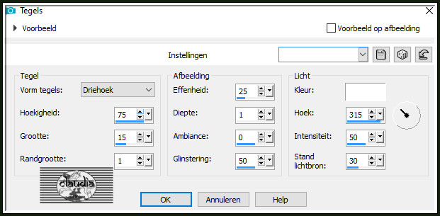 Effecten - Textuureffecten - Tegels : in de oudere PSP versies heet dit "Mozaïekstukjes" : Kleur = 3de kleur