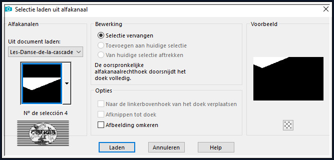 Selecties - Selectie laden/opslaan - Selectie laden uit alfakanaal : N° de selección 4