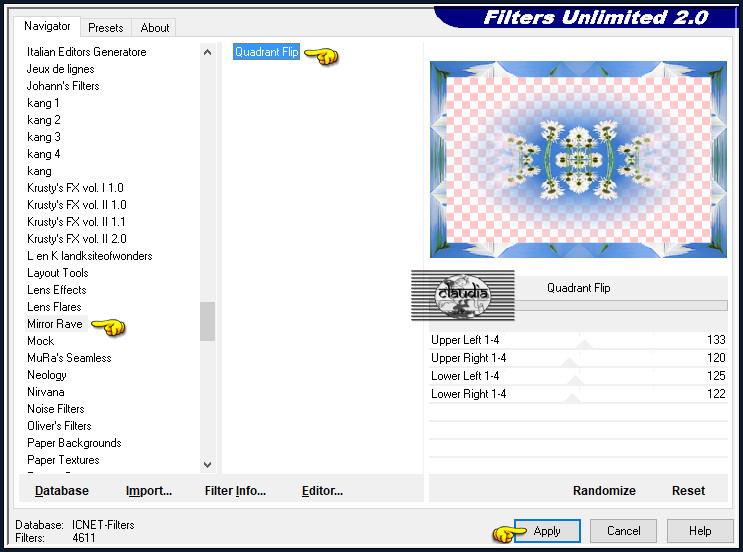Effecten - Insteekfilters - <I.C.NET Software> - Filters Unlimited 2.0 - MirrorRave - Quadrant Flip :