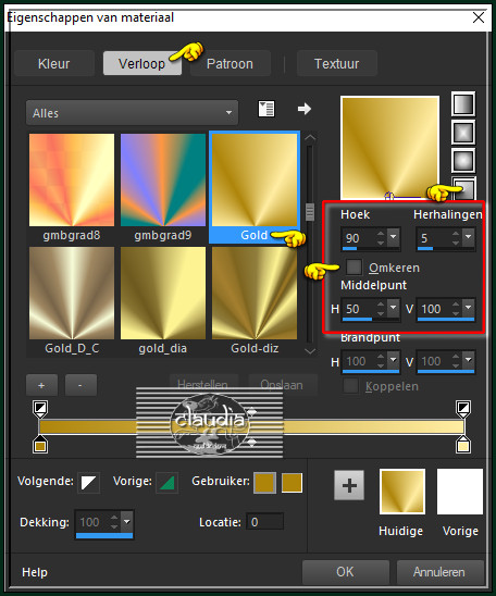 Zoek het Verloop "Gold" met deze instellingen