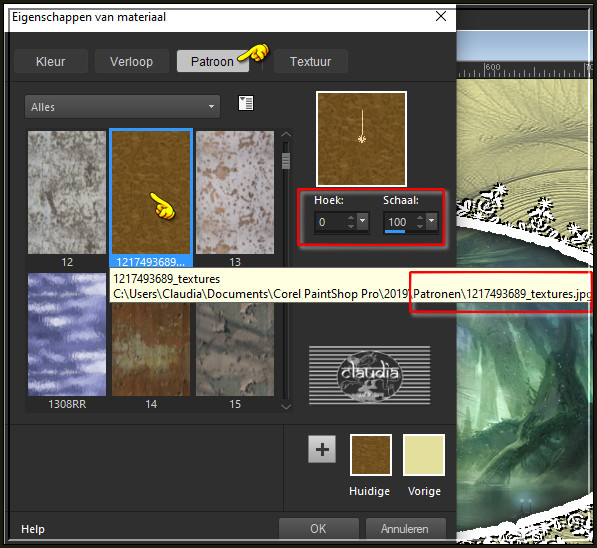 Klik daarna op het tabblad "Patroon" en zoek het patroon "1217493689_textures" met deze instellingen