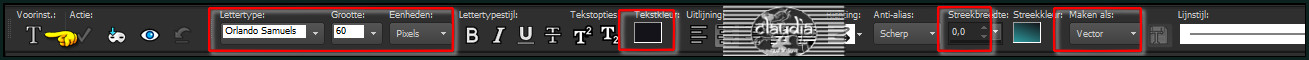 Activeer het "Tekstgereedschap" en zoek het font "OrlandoSamuels-Light" met deze instellingen