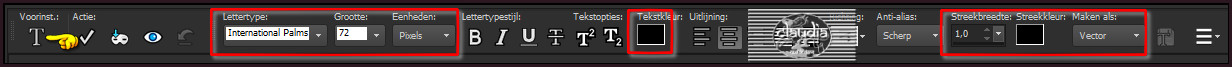 Activeer het "Textgereedschap" en zoek het font "Internation Palms" met deze instellingen