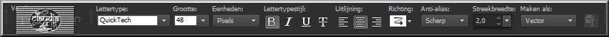 Activeer het Tekstgereedschap en zoek het font "Quick Tech" met deze instellingen 