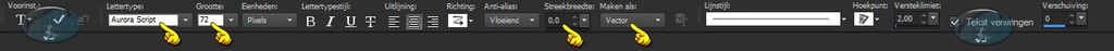 Activeer het Tekstgereedschap en zoek het font "Aurora_script" en zet de instellingen zoals op het voorbeeld