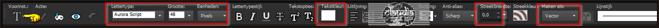 Activeer het "Tekstgereedschap" en zoek het font "Aurora_script" met deze instellingen