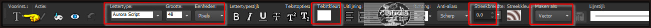 Activeer het "Tekstgereedschap" en zoek het font "Aurora_script" met deze instellingen 