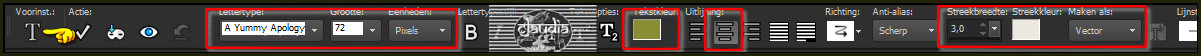 Activeer het "Tekstgereedschap" en zoek het font "A Yummy Apology" met deze instellingen :