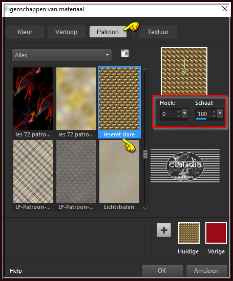 Klik daarna op het tabblad "Patroon" en zoek het Patroon "leseret dore" met deze instellingen