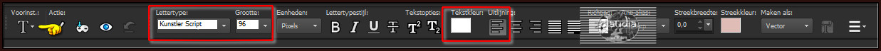 Activeer het Tekstgereedschap en zoek het font "KUNSTLER" met deze instellingen en als Vector gemaakt