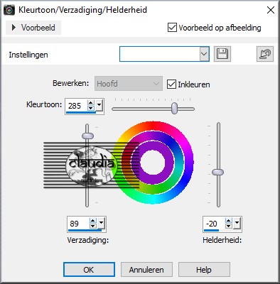 Je kan je werkje inkleuren via : Kleurtoon en Verzadiging - Kleurtoon/Verzadiging/Herlderheid