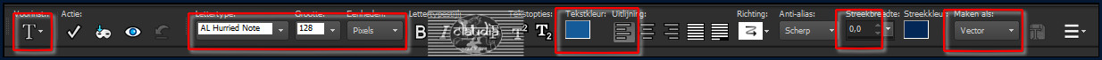 Activeer het "Tekstergereedschap" en zoek het font "ALHurriedNote" met deze instellingen