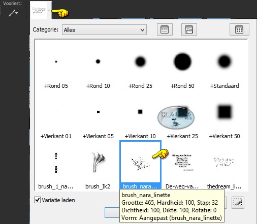 Activeer het Penseelgereedschap (brushes) en zoek de brushe brush_nara_linette op met deze instellingen