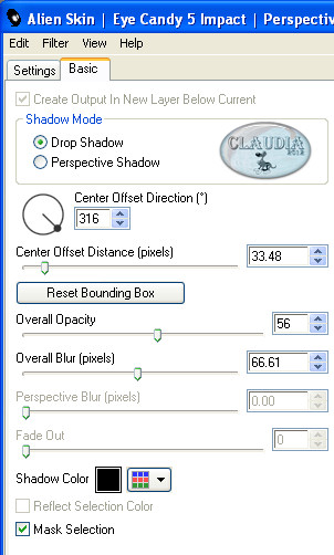 De instellingen van het Eye Candy filter : Impact - Perspective Shadow