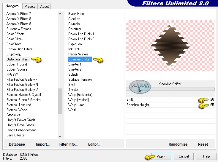 Instellingen filter Distortion Filters - Scanline Shifter