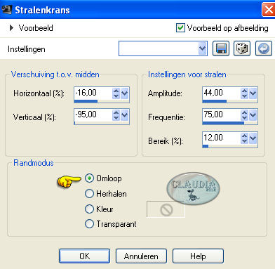 Instellingen Vervormingseffect - Stralenkrans