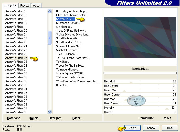 Instellingen filter Filters Unlimited 2.0 - Andrew's Filter 27 - SearchLights