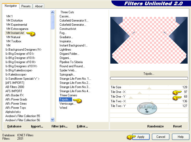 Instellingen filter VM Instant Art - Tripolis