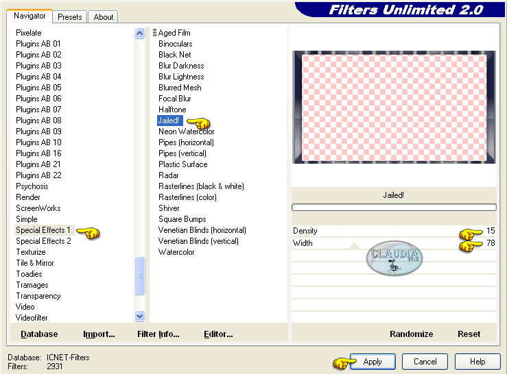 Instellingen filter Filters Unlimited 2.0 - Special Effects 1 - Jailed