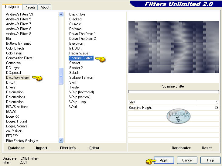 Instellingen filter Filters Unlimited 2.0 - Distortion Filters - Scanline Shifter