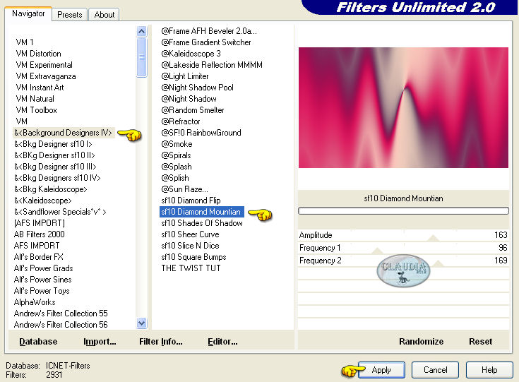 Instellingen filter Filters Unlimited 2.0 - Background Designer IV - Sf 10 Diamand Mountain