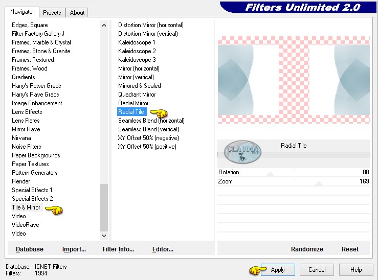 Instellingen filter Tile & Mirror - Radial Tile