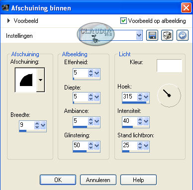 Instellingen 3D Effect - Afschuining binnen