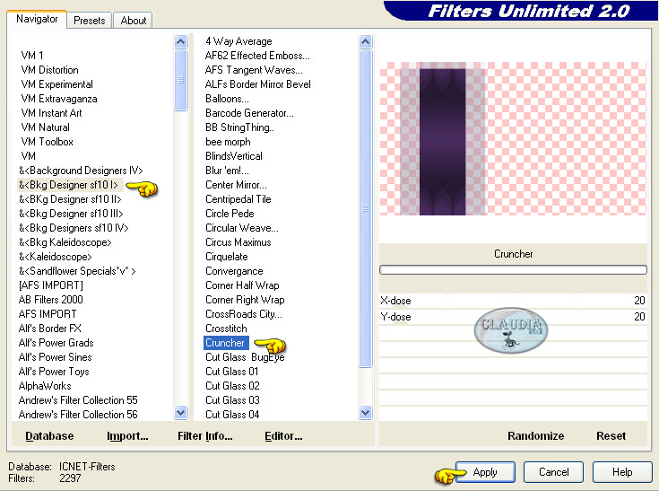 Instellingen filter Filters Unlimited 2.0 - Bkg Designer sf10 I - Cruncher