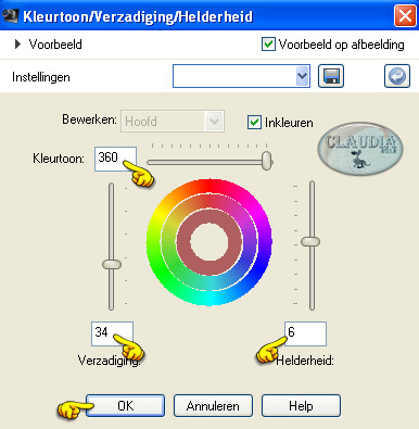 Instellingen Kleurtoon/Verzadiging/Helderheid