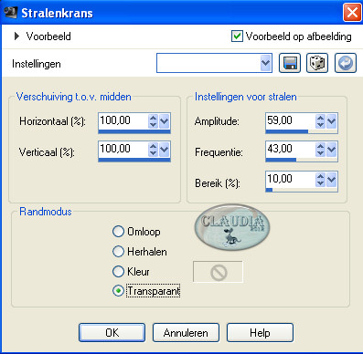 Instellingen Vervormingseffect - Stralenkrans