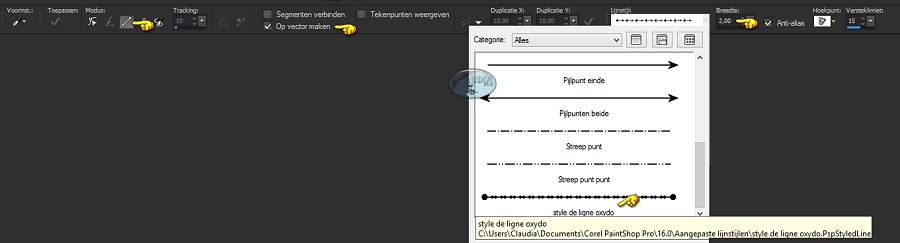 Zoek in het rolmenu naar de preset "style de ligne oxydo"