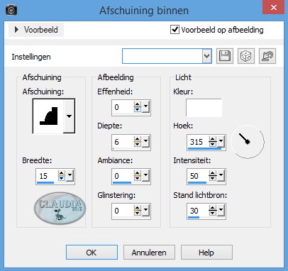 Instellingen 3D Effect - Afschuining binnen