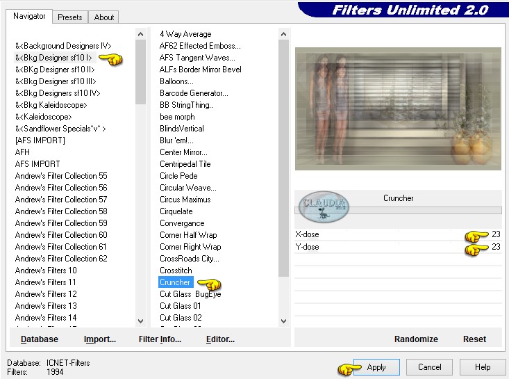 Instellingen filter Bkg Designer sf10 I - Cruncher