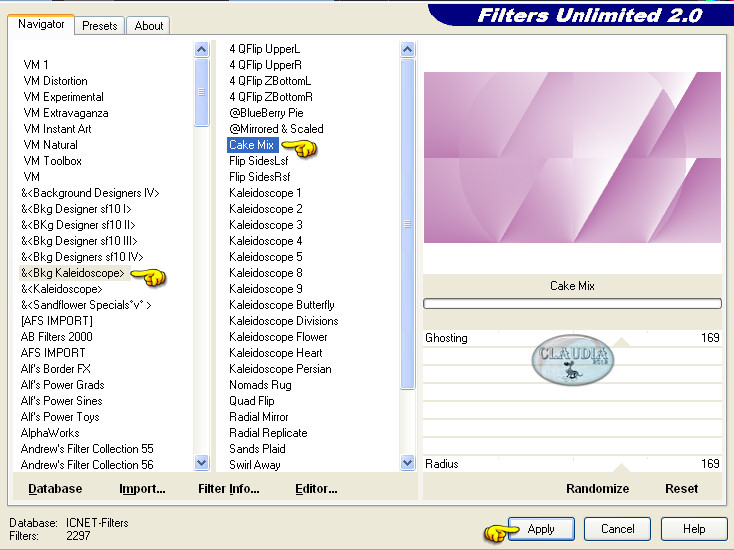 Instellingen filter Filters Unlimited 2.0 - Bkg Kaleidoscope - Cake Mix