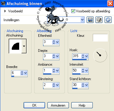 Instellingen afschuining binnen