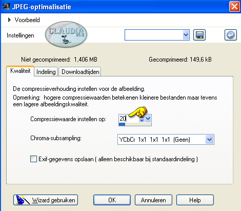 Opslaan als JPG-formaat met een compressiewaarde van 20
