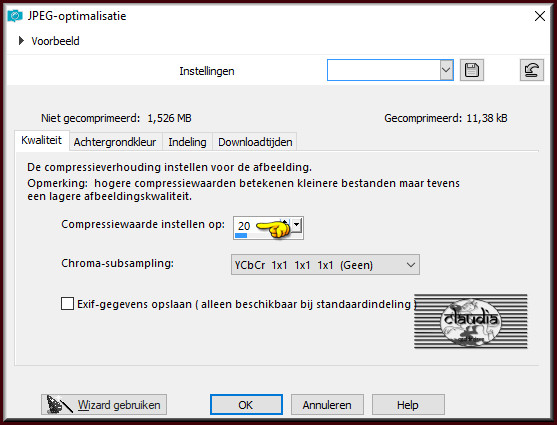 Sla je werkje op als JPG-formaat met een compressiewaarde van 20