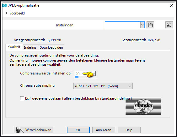 Sla je werkje op als JPG-formaat met een compressiewaarde van 20