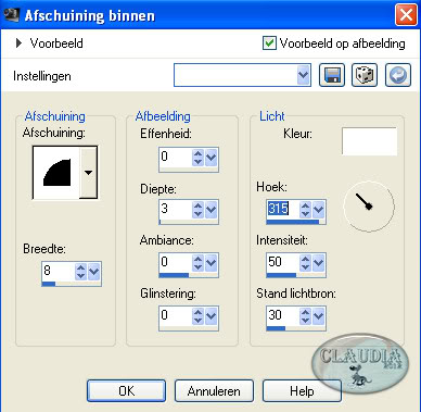 Instelllingen afschuining binnen