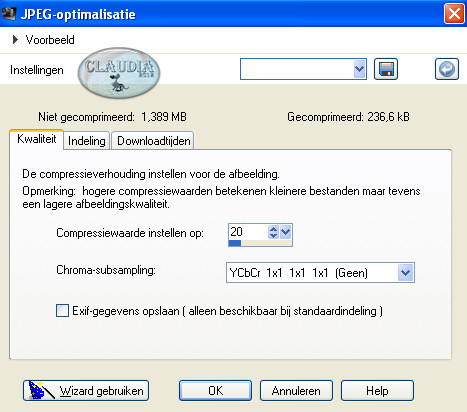 JPEG-optimalisatie met een compressiewaarde van 20