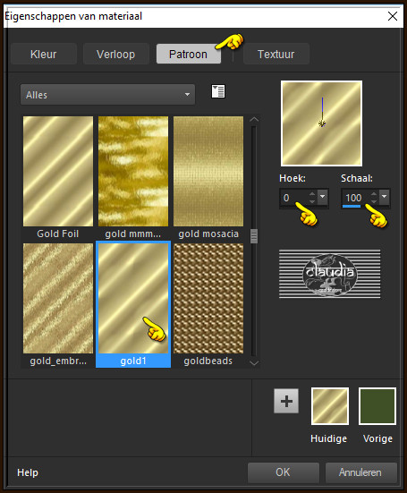 Zoek het patroon "gold1" en zet de instellingen zoals op het voorbeeld 