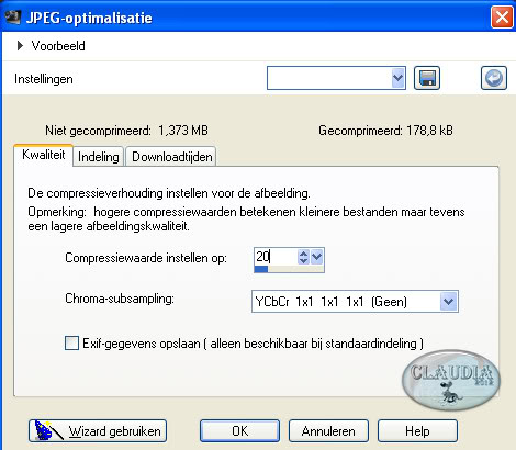 Opslaan als JPG -formaat met een compressiewaarde van 20