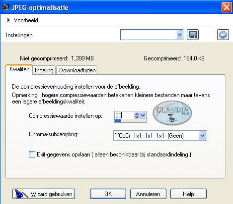 Instelllingen JPEG-optimalisatie Compressiewaarde