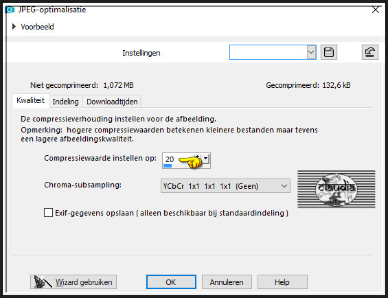 Sla je werkje op als JPEG-formaat met een compressiewaarde van 20 :