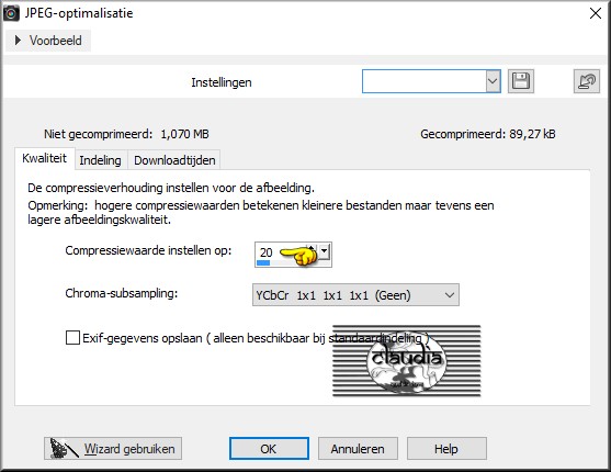 Sla je werkje op als JPG-formaat met een compressiewaarde van 20