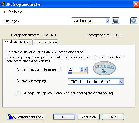 Opslaan als JPG met een compressiewaarde van 20
